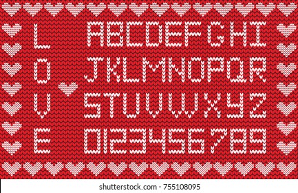 Love knitted alphabet with hearts border. White alphabet logos on red fabric background. Happy Valentine's Day, wedding design elements. Vector signs, symbols for design and text creation .