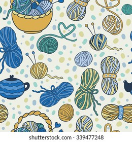 I love knitting! Fun seamless vector pattern for your design, scrapbook pages, blog, textile. Hand drawn yarn, ravel, teapot.