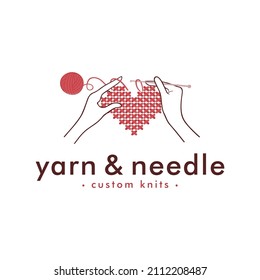 Love Knitting with Hands Logo, Needle and Yarn Logo, Simple Knitting Logo Vector Design Template