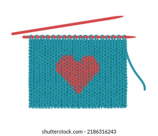 Love for knitting. Knitted fabric on needles with a decorative heart. Hobby, needlework, handmade. Isolated flat vector illustration