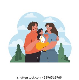 Love Knows No Boundaries. Two adoring women stand in nature, holding their precious child, showcasing the beauty and resilience of lesbian families in today's society. Flat vector.