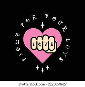 Love knuckle tattoo  Fight for your love  Valentine love card  Text fist  Love vector illustration