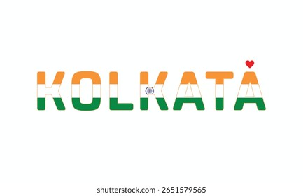 I Love KOLKATA, Typographic Design of I Love KOLKATA on a white background, Flag Typography of KOLKATA with heart, Vector design of I Love KOLKATA