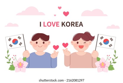 I love Korea! People who love Korea. Couple make finger hearts. June anniversary in Korea. Patriots and Veterans Month, patriotism concept illustration.