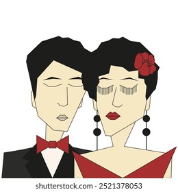 Love korean couple in trendy Geometric style isolated transparent background. Straight lines fashion male and female portrait. Vector illustration can used wedding bridal card design template. EPS 10