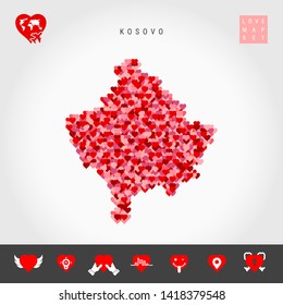 I Love Kosovo. Red and Pink Hearts Pattern Vector Map of Kosovo Isolated on Grey Background. Love Icon Set.