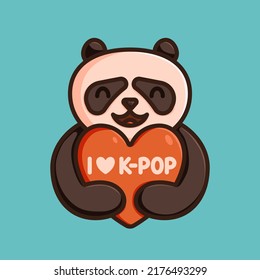 I Love K-Pop cartoon vector lettering sign. Cute outline panda bear animal hold a heart shape with sign inscription. South Korean popular music fan concept. Colorful trendy kpop illustration