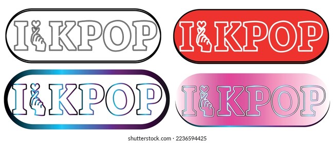 I love K-pop, four coloring styles text lettering illustration. Korean popular music style. Finger heart symbol. K pop Hand drawn lettering for banner, print, postcard, poster, sticker, logo. 