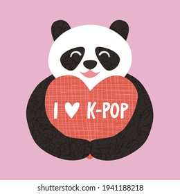 I Love K-Pop hand drawn vector lettering sign. Cute cartoon panda bear animal hold a heart shape with sign inscription. South Korean popular music fan concept. Colorful trendy kpop poster illustration