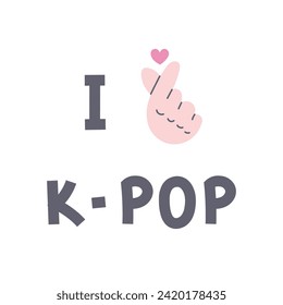 I love k-pop text with finger heart. Vector illustration for Korean music fan. Modern t shirt print with handwritten lettering and hand sign. Gesture, love, pop culture concept design