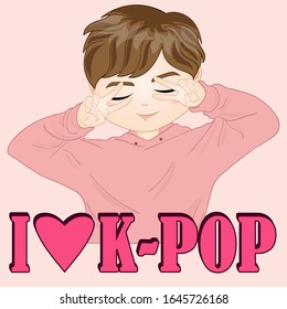 I love k-pop vector illustration. Cute korean cartoon boy. Banner, poster, t-shirt, card, sticker, tag, bag print.