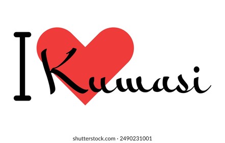 I love Kumasi, city of Ghana. Hand drawn letters with red heart. Vector illustration lettering, modern design for print t shirt, banner, poster, sticker or label.