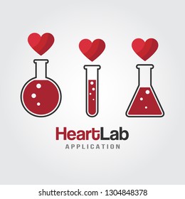 Love lab logo template. Flask with hearts icon in flat style isolated on white background. Love Chemistry concept for Happy Valentines Day.