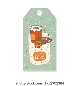 With love label tag with hot tea in cup, lemon and jam jar in hand drawn cartoon style. Isolated gift paper tag template with cozy tea time elements, vector illustration.