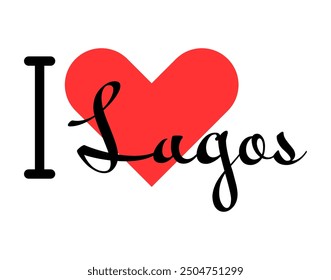 I love Lagos, city of Nigeria. Hand drawn letters with red heart. Vector illustration lettering, modern design for print t shirt, banner, poster, sticker or label.