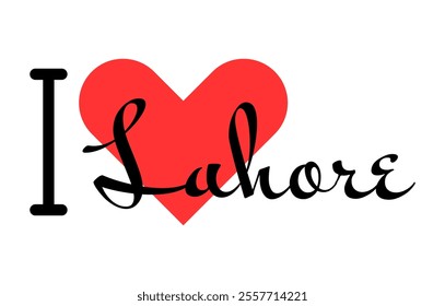 I love Lahore, city of Pakistan. Hand drawn letters with red heart. Vector illustration lettering, modern design for print t shirt, banner, poster, sticker or label.