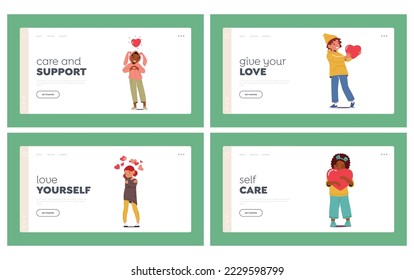 Love Landing Page Template Set. Little Children Holding Hearts and Balloons in Hands. Concept of Self Love, Party Celebration, Donation with Boy or Girl Characters. Cartoon People Vector Illustration