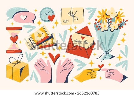 Love language set envelope, love letter, gift, bouquet, hands holding heart, speech bubbles, clock, hourglass, and tickets, quality time. Flat cartoon vector illustration Valentine's Day concept.