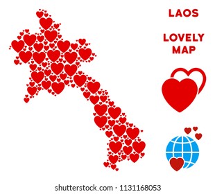 Love Laos map collage of red hearts. We like Laos map template. Abstract vector territorial scheme is shaped with red love elements.