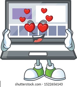 In love laptop cartoon mascot on white background.