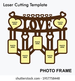 Love laser cut photo frame with 7 photos. Wedding and Valentines day wooden frame. Home decor wooden sublimation frame template. Laser cut photo frame template design for mdf and acrylic cutting.