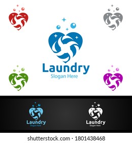 Love Laundry Dry Cleaners Logo with Clothes, Water and Washing Concept