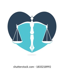 Logotipo vectorial de la Ley del Amor con equilibrio judicial simbólico de la escala de la justicia en un bolígrafo. Balance cardíaco con diseño de plantilla vectorial Pen Nib.