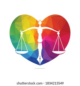 Love Law logo vector with judicial balance symbolic of justice scale in a pen nib. Heart Balance with Pen Nib vector template design.