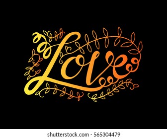 Love with leaf. handwritten lettering. Modern Calligraphy