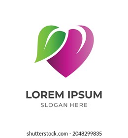 diseño de diseño de logotipo de amor y hoja de hojas vector con estilo de color rosa plano y verde