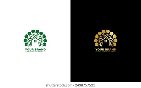 Love leaf tree home logo. House icon, tree, love leaves. Design template, vector illustration