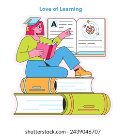 Love of Learning concept. Scholar perched on books engaging with knowledge. Intellectual growth through study and curiosity. Vector illustration