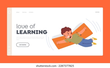 Love of Learning Landing Page Template. Kid Flying On A Huge Book Wings, Soaring High Above The Clouds With A Look Of Wonder On Face. Imagination, Power Of Knowledge. Cartoon Vector Illustration