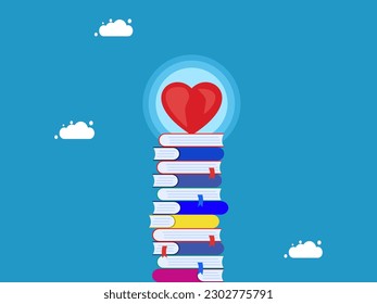 Love for learning or reading concept. a heart on a pile of books