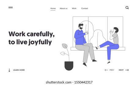 Love Leisure Family Sparetime Day Off Website Landing Page. Young Loving Couple Sitting on Windowsill Drinking Tea Together, Weekend Evening Web Page Banner. Cartoon Flat Vector Illustration, Line Art