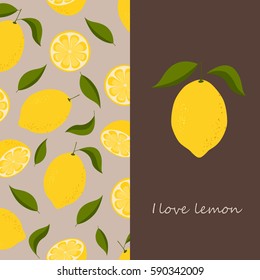 I love lemon. Simple lemon with leaves. Vector illustration.