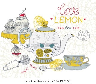 love lemon tea card, beautiful hand drawn illustration, Vector