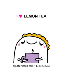 Me encanta la ilustración vectorial de la mano del té de limón en el estilo de doodle de dibujos animados hombre abraza la taza con bebida caliente