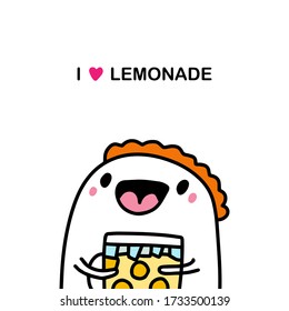 I love lemonade hand drawn vector illustration in cartoon comic style man holding glass with drink summer fruit