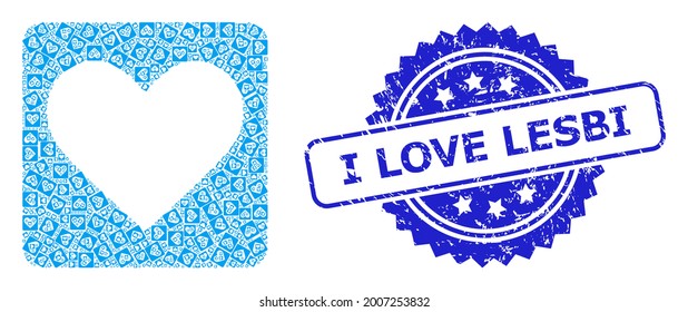 I Love Lesbi dirty stamp and vector recursive collage love heart. Blue seal has I Love Lesbi caption inside rosette. Vector collage is designed with recursive rotated love heart items.