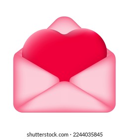 Carta de amor con el corazón en 3d aislado en fondo blanco. Ilustración vectorial.