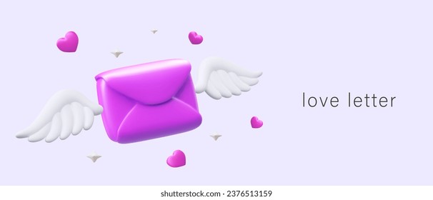 Love letter. 3D pink envelope with white wings, floating hearts. Romantic concept in cartoon style. Advertisement for matchmaking application. Vector template for web design