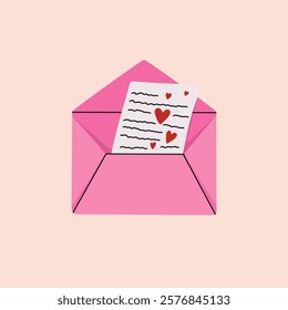 Love letter abstract art. Cute romantic mail with hearts, cartoon envelope with open letter stamp for valentines day celebration. Vector flat illustration.