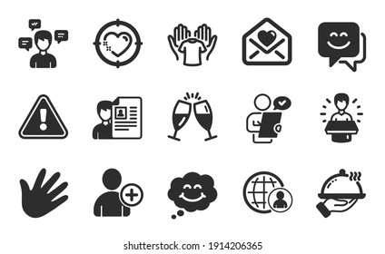 Love letter, Add user and International recruitment icons simple set. Hold t-shirt, Job interview and Smile face signs. Conversation messages, Brand ambassador and Hand symbols. Flat icons set. Vector