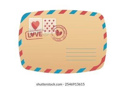 Love letter air mail, retro envelope with heart stamps, marks isolated on white background. Card romantic greeting, vintage message. 