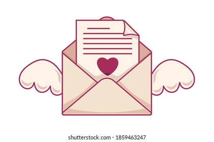  Love letter with angel wings. Illustration for Valentine's day. Vector flat cartoon design of graphic element. App vector icon.