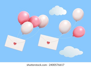 Love letter attached to balloon elements isolated on blue background with clouds