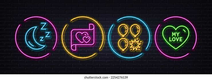 Love letter, Balloon dart and Moon minimal line icons. Neon laser 3d lights. My love icons. For web, application, printing. Heart, Attraction park, Night dream. Sweet heart. Vector