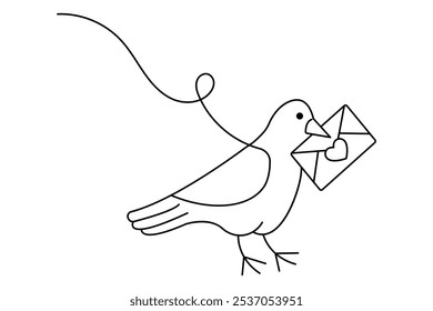 Love letter bird continuous one line drawing with valentine's day vector illustration design