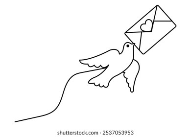 Love letter bird continuous one line drawing with valentine's day vector illustration design